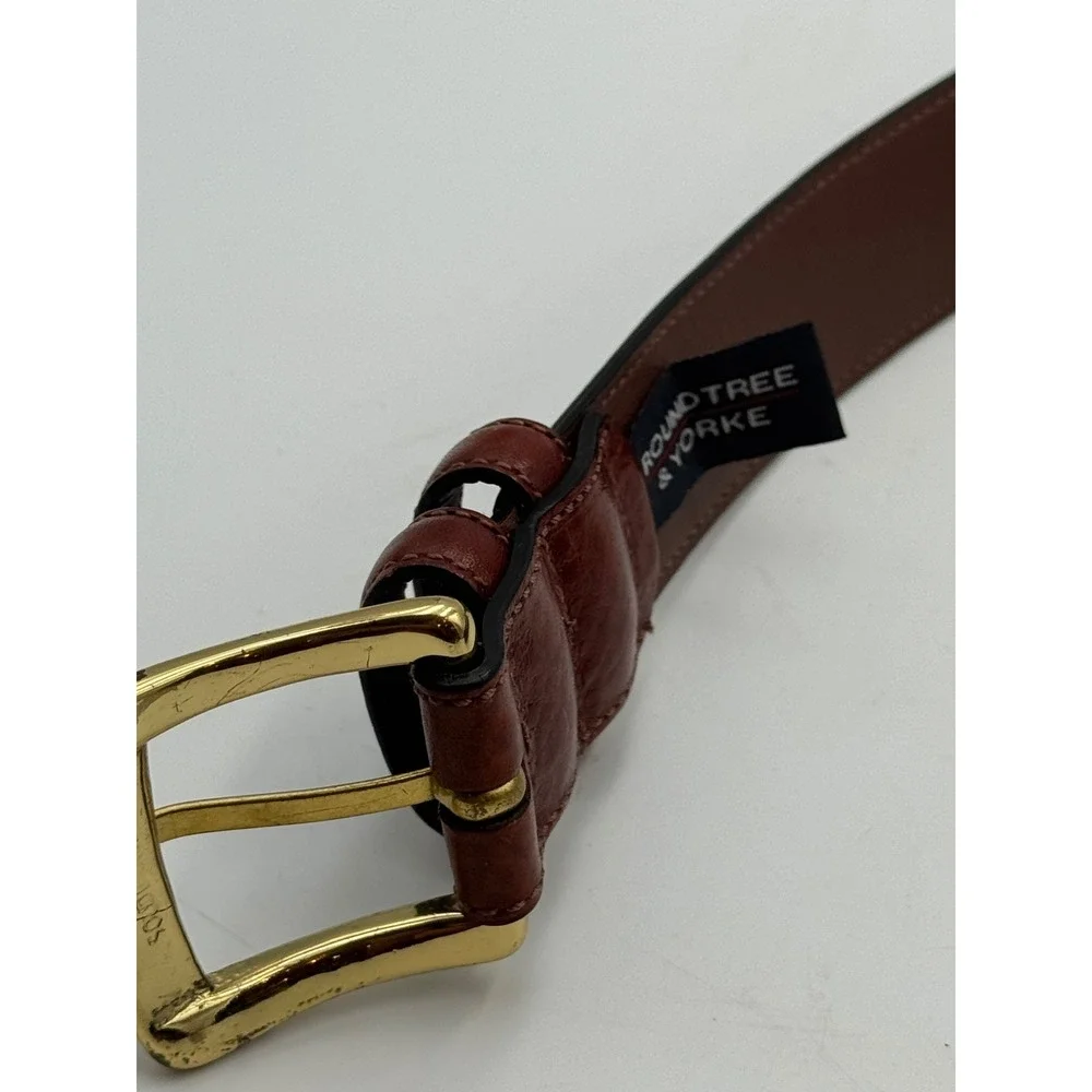 Roundtree & Yorke Mens Brown Full Grain Cowhide Leather Belt Gold Buckle Size 42